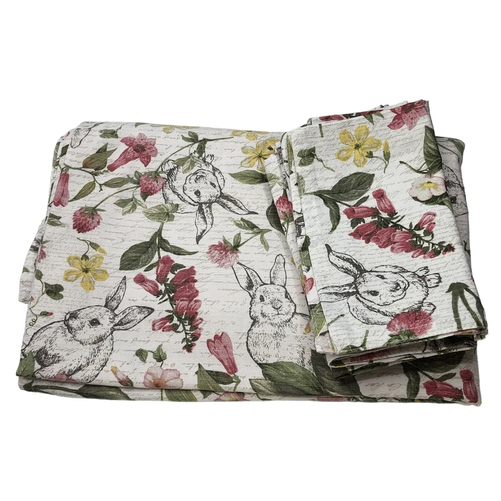 60x75 Oblong Tablecloth and Napkins Set with Flowers and‎ Bunnies Printed - USED